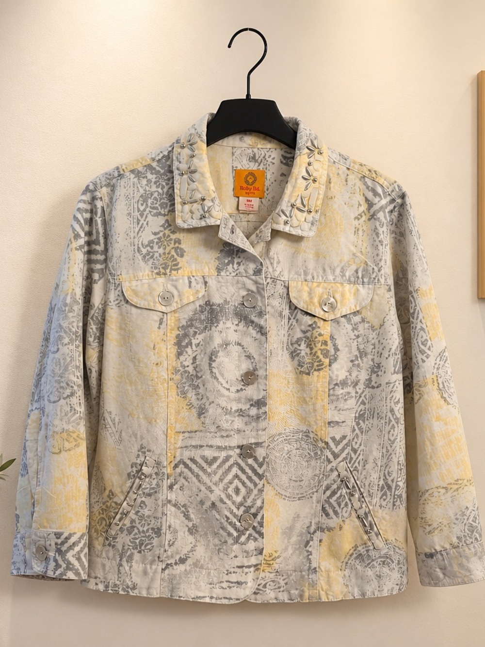Ruby Rd. Yellow & Gray Patterned Button-Front Jean Jacket
